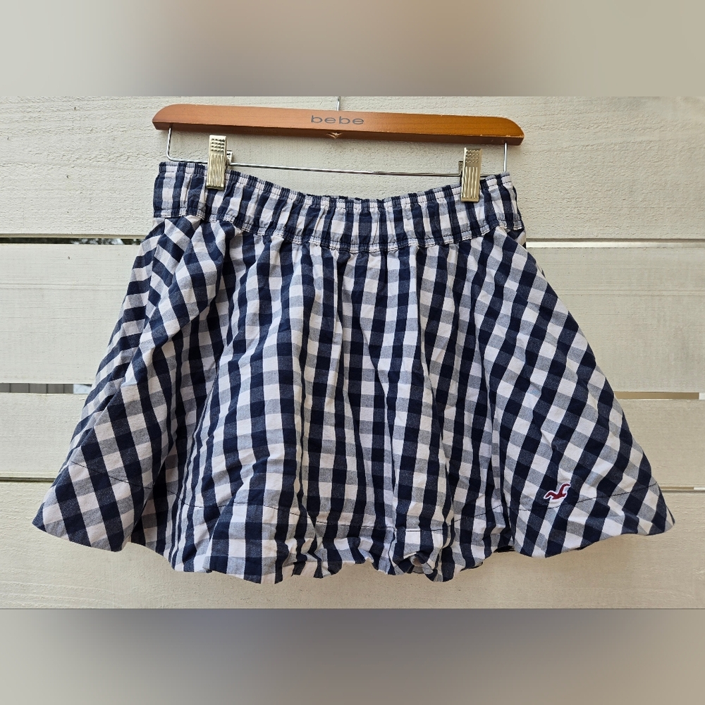 Hollister 90's Y2K Blue/White Gingham Mini Skirt Lined Size L Preppy 100% Cotton